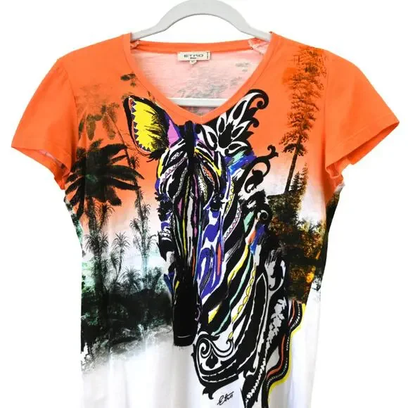 Etro Milano T-Shirt Size 40 Multicolor Zebra Print V-Neck Cotton Graphic Tee - Picture 3 of 12